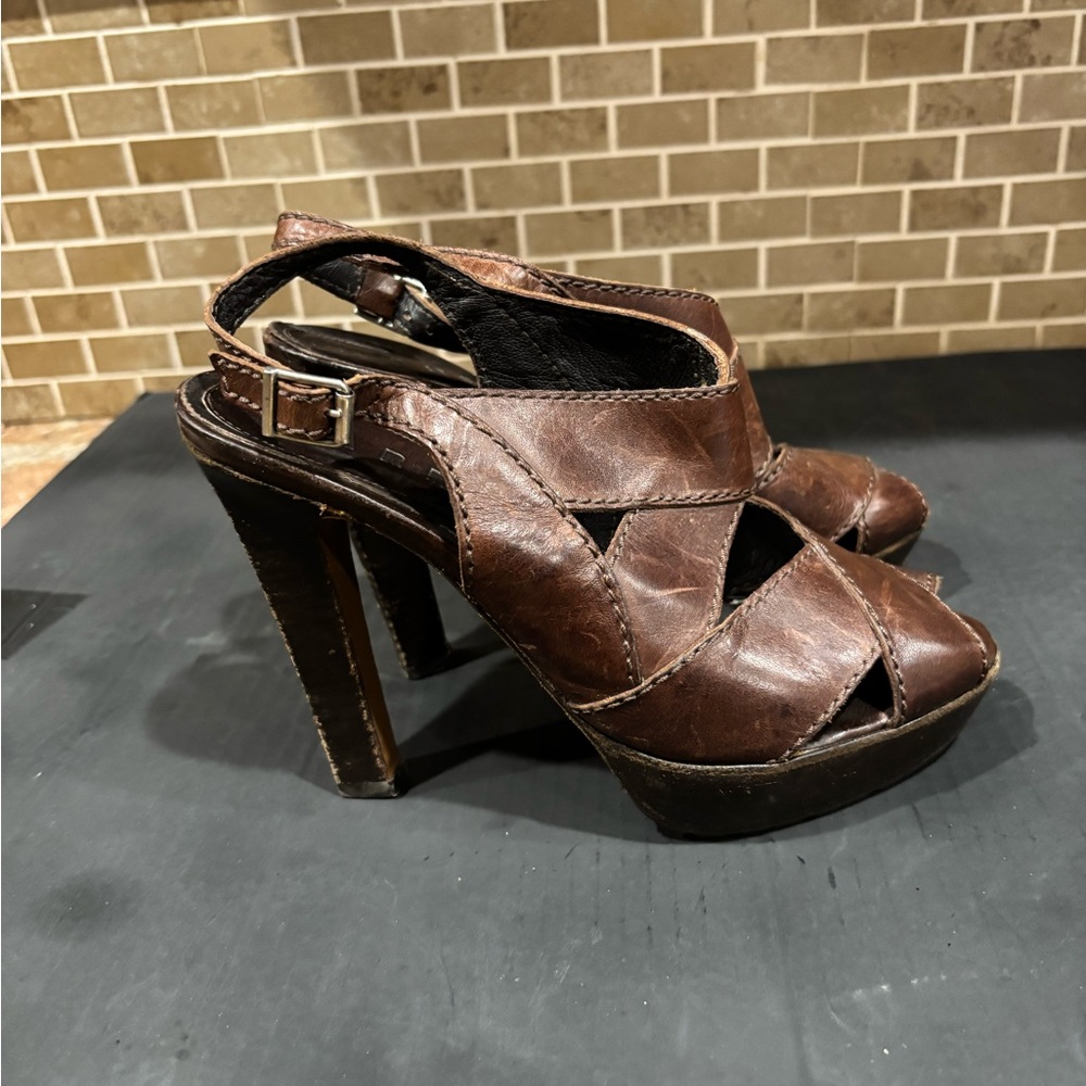 Marni Crossover Peep Toe Heel Sandals/Heels in Dark Brown Leather Italy* 37/US7
